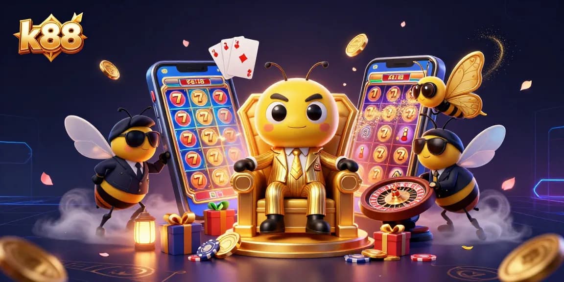 Spin and win at k88, featuring a vibrant 3D casino scene with lively characters and games.