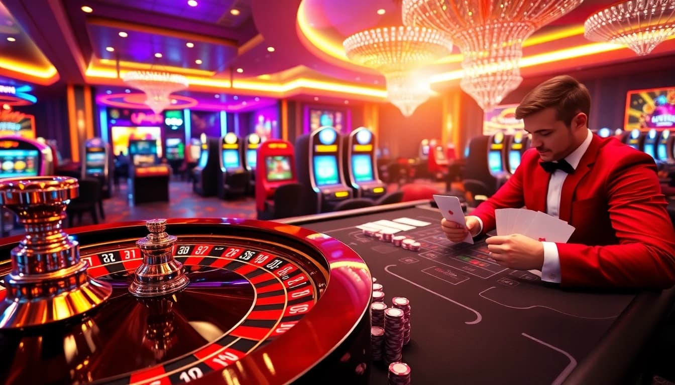 Engaging scene of gamblers at the uu88 com online casino with vibrant games and a roulette wheel.