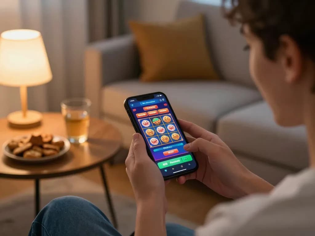 Max88 player engaging on a mobile casino app, enjoying responsible gaming at home with excitement