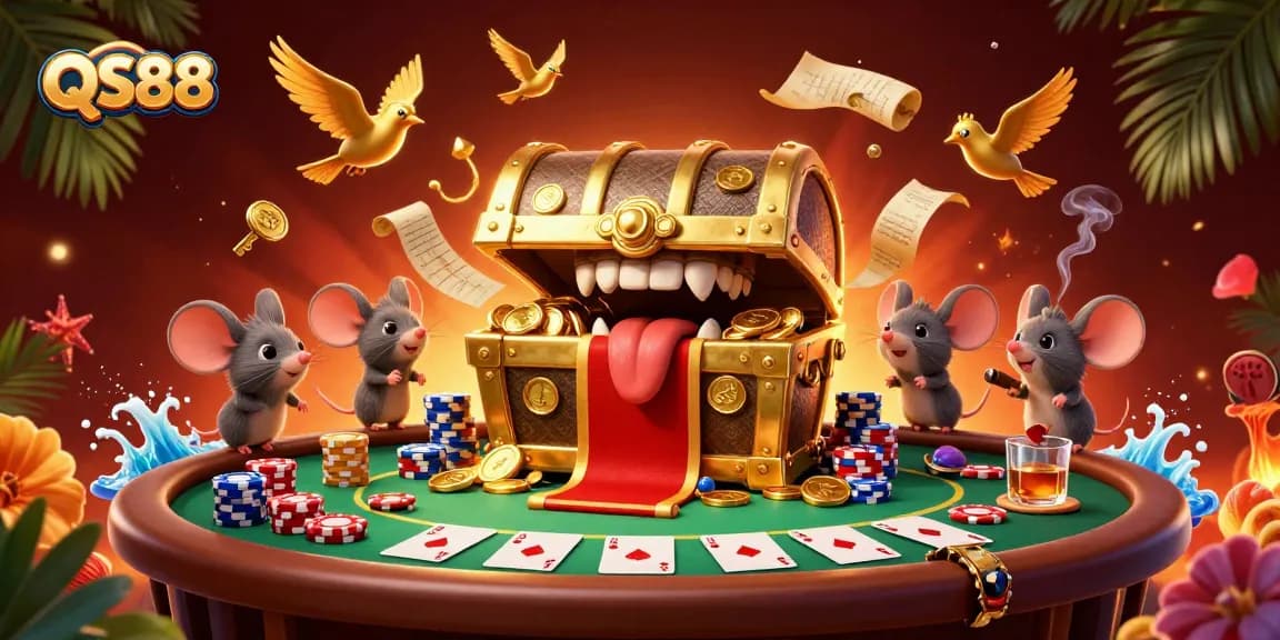 Experience thrilling adventures with QS88, a treasure chest and mice in a bustling poker scene.