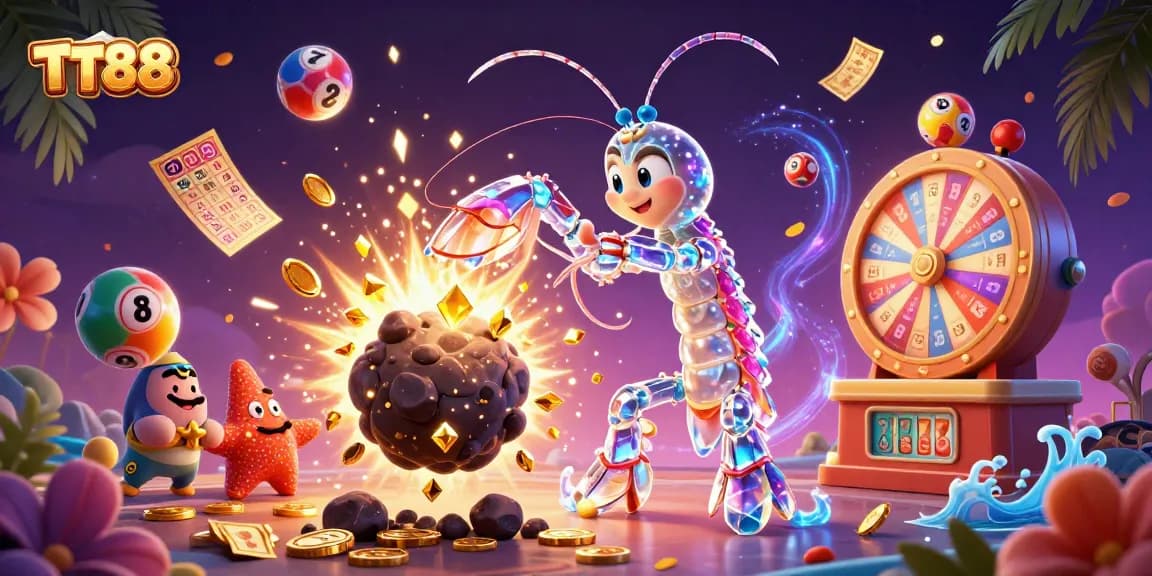 Experience thrilling gameplay with TT88's vibrant colors, slots, and golden rewards in an engaging casino scene.