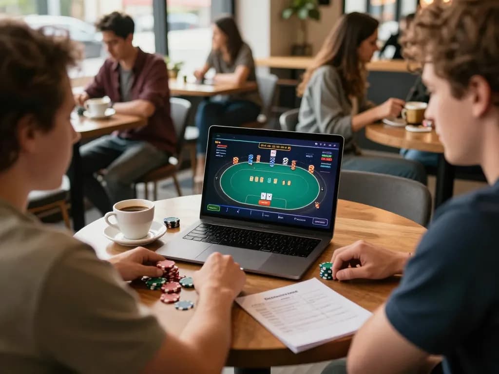 Engaged player strategizing in a gamebaidoithuong8 poker match at a vibrant coffee shop setting