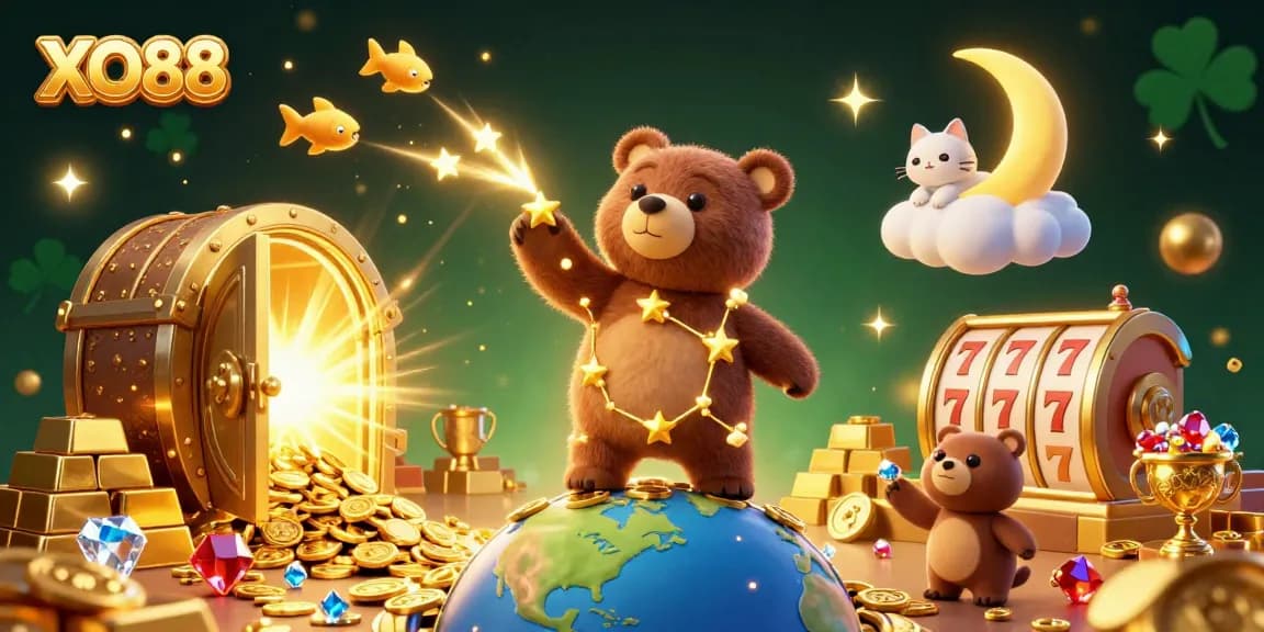 Engage with XO88 as the constellation bear scoops coins in a vibrant casino heaven illustration.