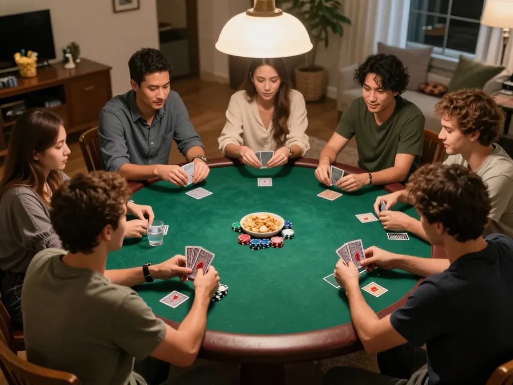 Home poker game night with friends engaged, showcasing strategy and excitement at 789winpen.
