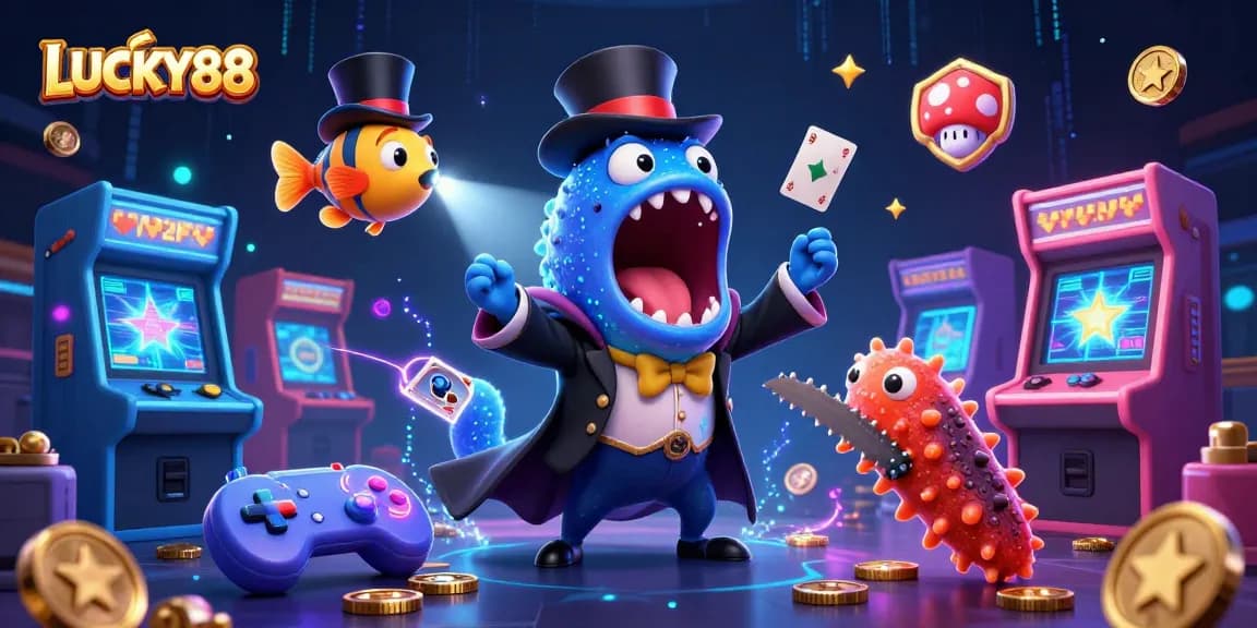 Experience LUCKY88 magic with an eel magician, anglerfish spotlight, and vibrant casino elements