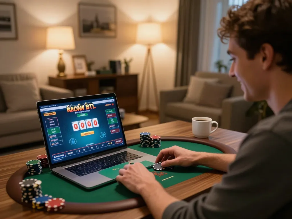 Player enjoying tr88 online poker game at home, cozy setting with laptop and coffee