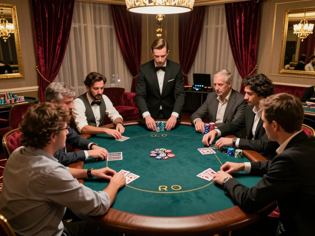Engaged players at Nhà cái MAY88 high-stakes poker table in a sophisticated casino VIP room.
