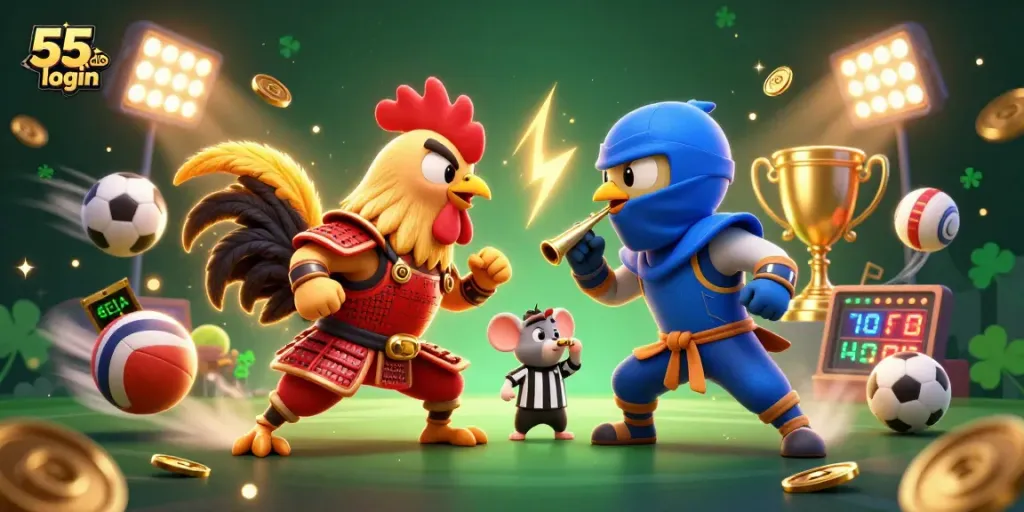 Engage with 55 club login for thrilling rooster fights surrounded by sports balls and golden trophies.
