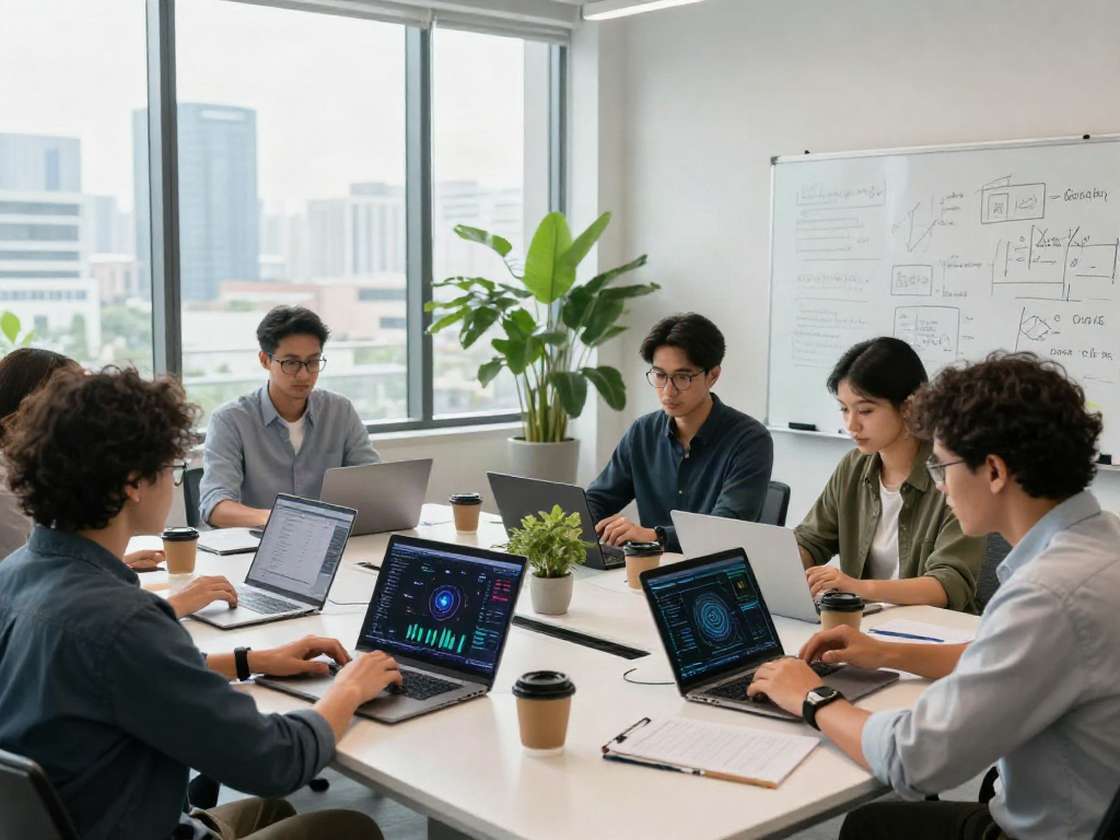 Innovative team collaborating on AI +18 technology in modern workspace