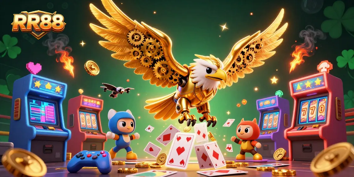 Experience high-stakes excitement with RR88's golden eagle diving through holographic cards in a vibrant casino scene.