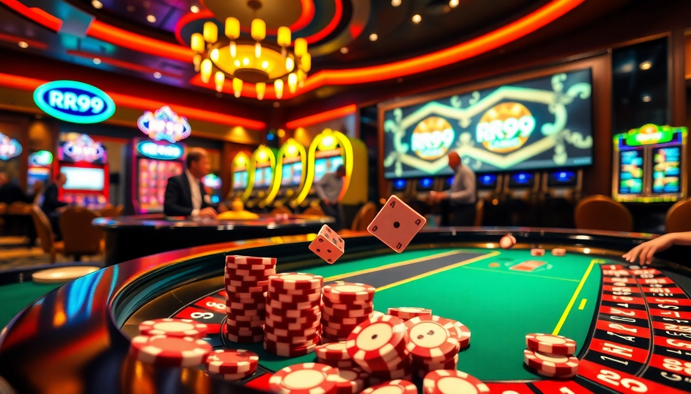 Engaged players enjoying games at RR99, showcasing vibrant casino elements and excitement.