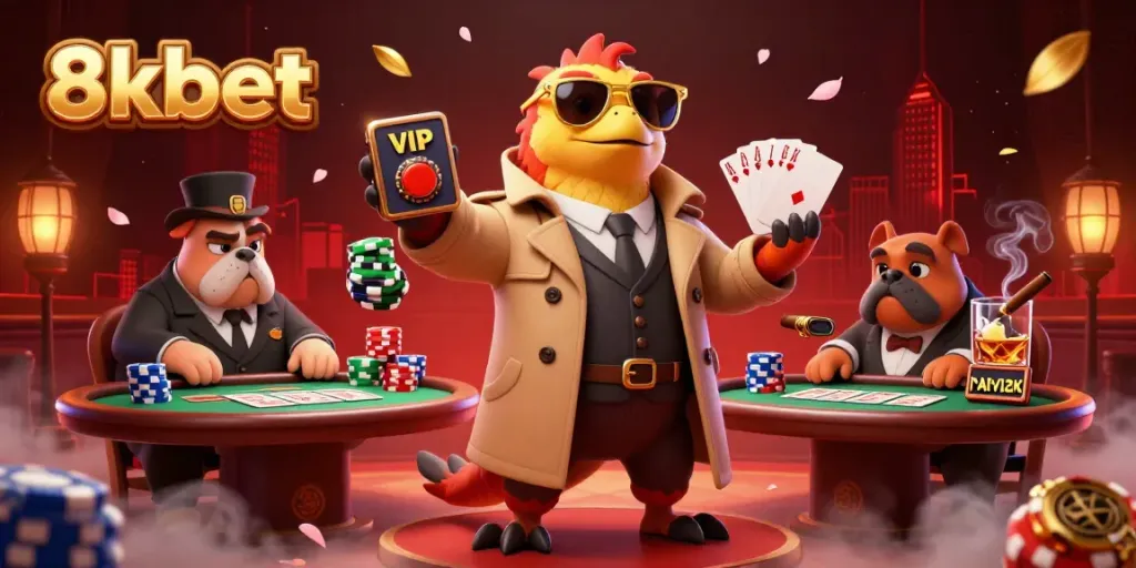 Experience 8kbet at a vibrant VIP casino with dynamic raptors and poker elements.