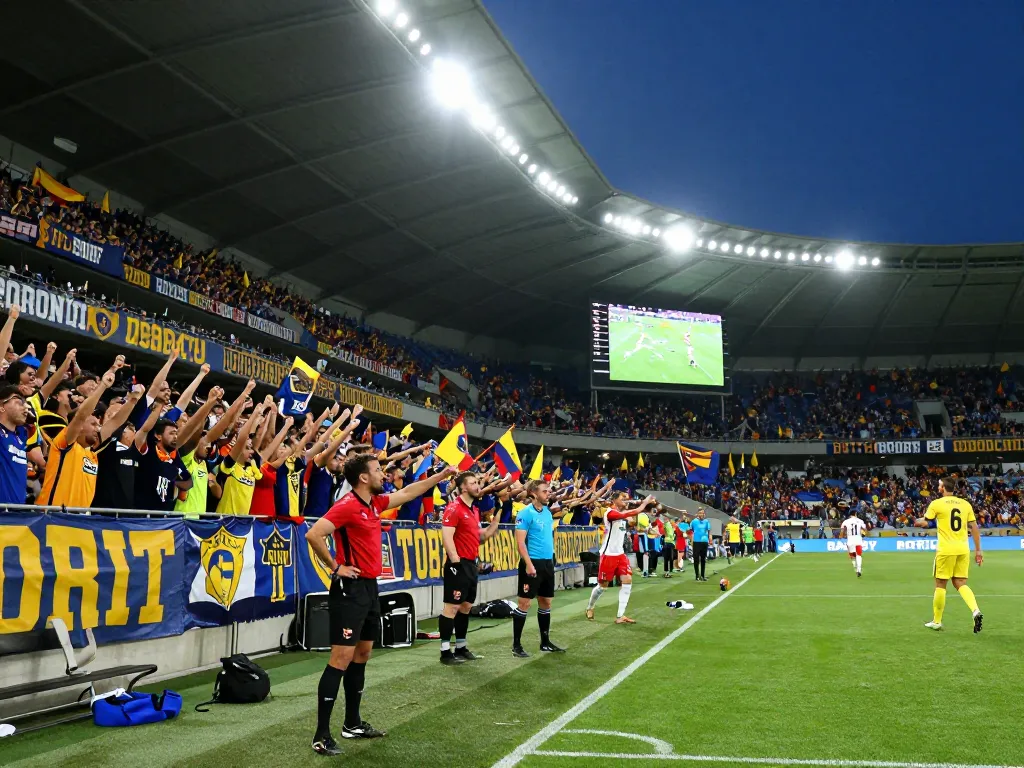 Exciting football match atmosphere showcasing fans and players during a thrilling game with scores displayed, capturing the intensity of ผลบอล.