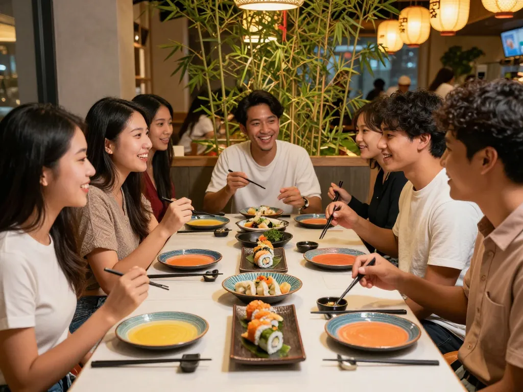 Friends enjoying a delightful dining experience at RED88 Asian bistro with various dishes.