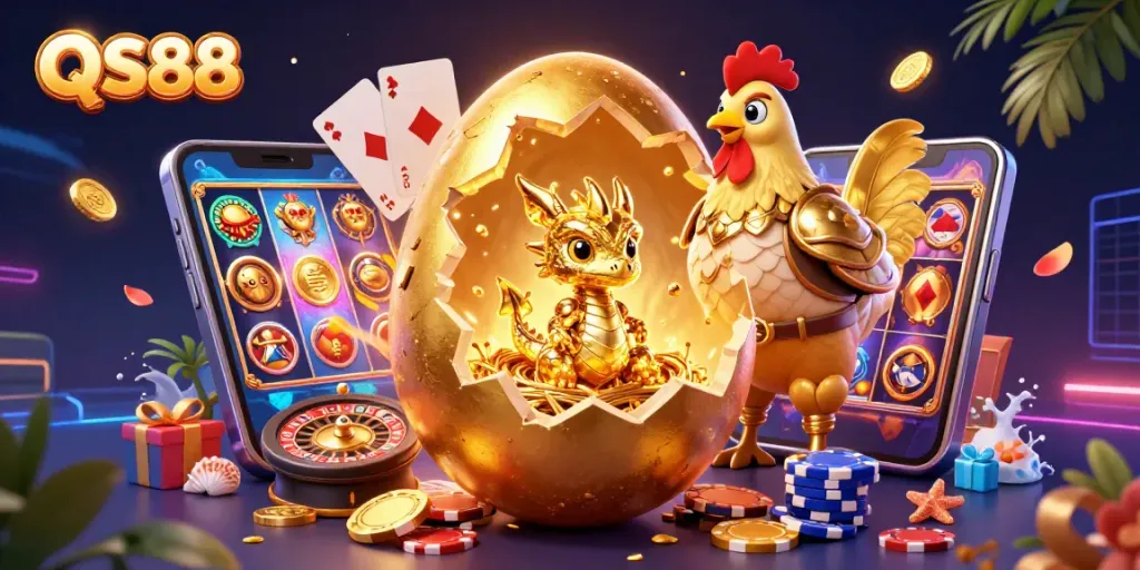 Experience the excitement of QS88 with a golden dragon amidst vibrant casino elements.