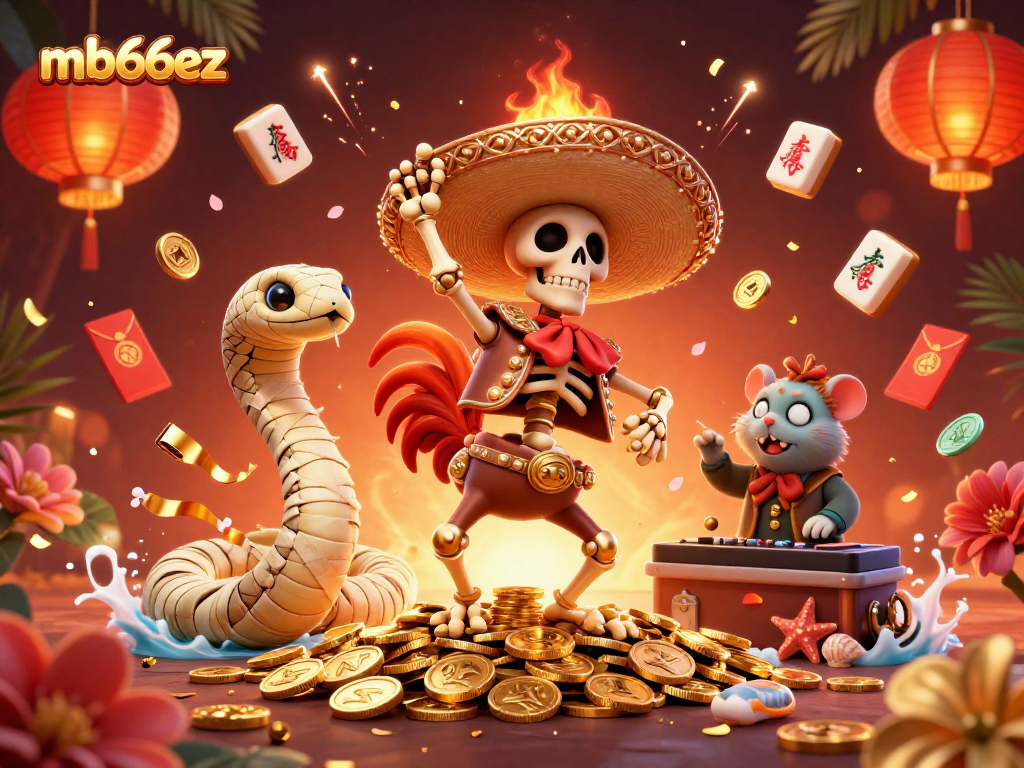 Engage with mb66ez as a skeleton mariachi rooster dances atop gold coins in this vibrant casino scene.