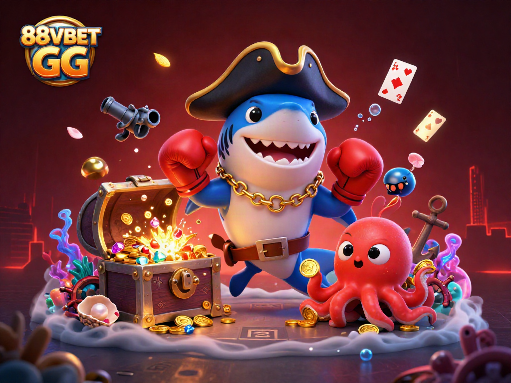 Engage in thrilling games at 88VBET GG, featuring a playful pirate shark with gold coins and colorful gems.