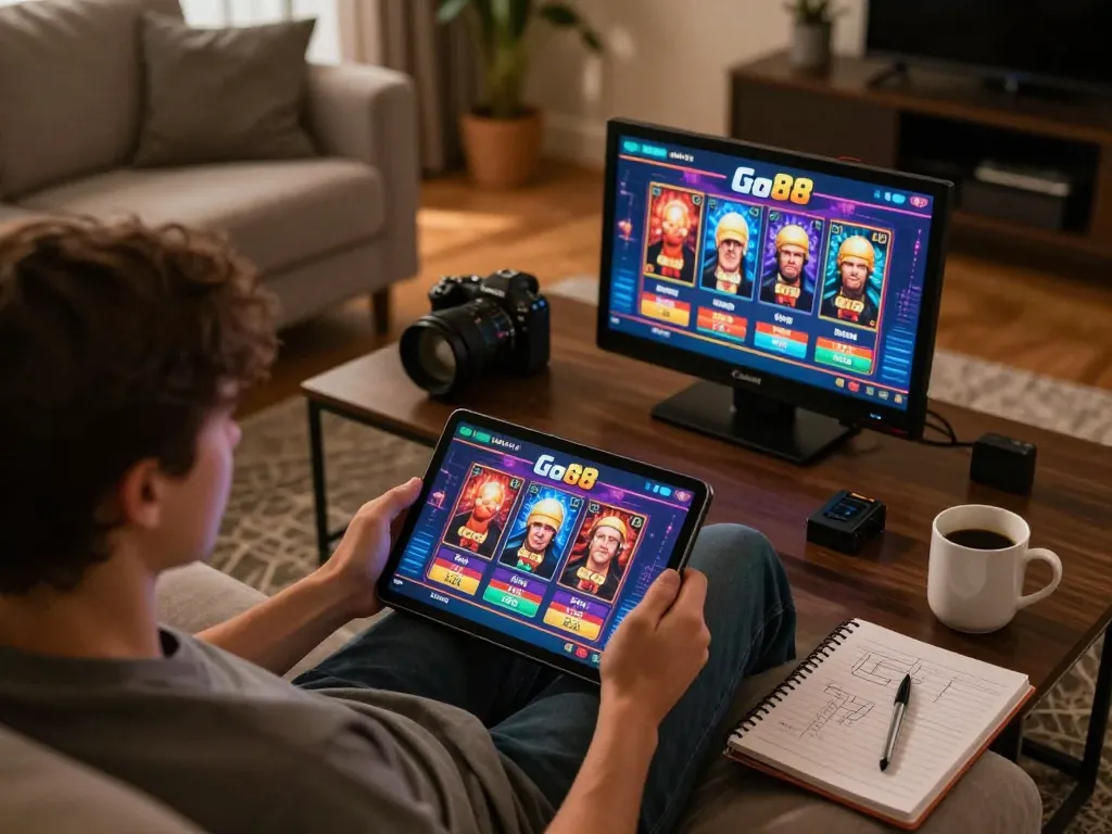 Tải Go88 as users enjoy online gaming on a tablet in a cozy home environment