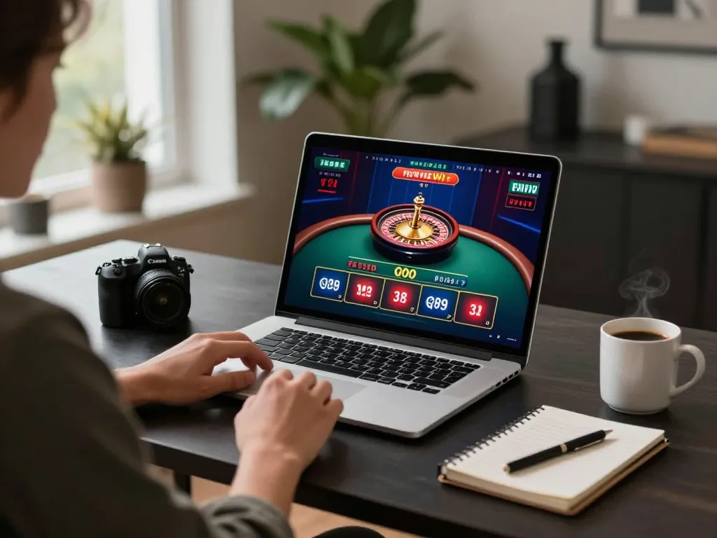 Player engages in online gambling with go89, using live dealer casino setup and laptop at stylish desk.