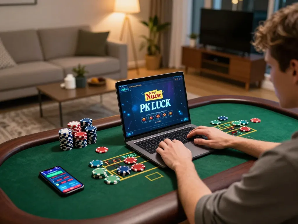 Playing New PK Luck on a laptop with chips and a smartphone in a cozy living room setting