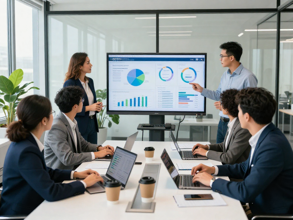 Team collaborating in a modern conference room, showcasing IDXSTAR's data solutions.