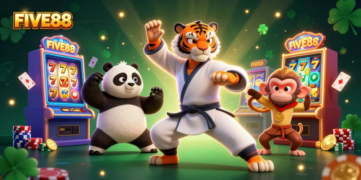 Experience thrilling gaming with FIVE88's spectacular casino-themed 3D illustration featuring vibrant slot machines and characters.