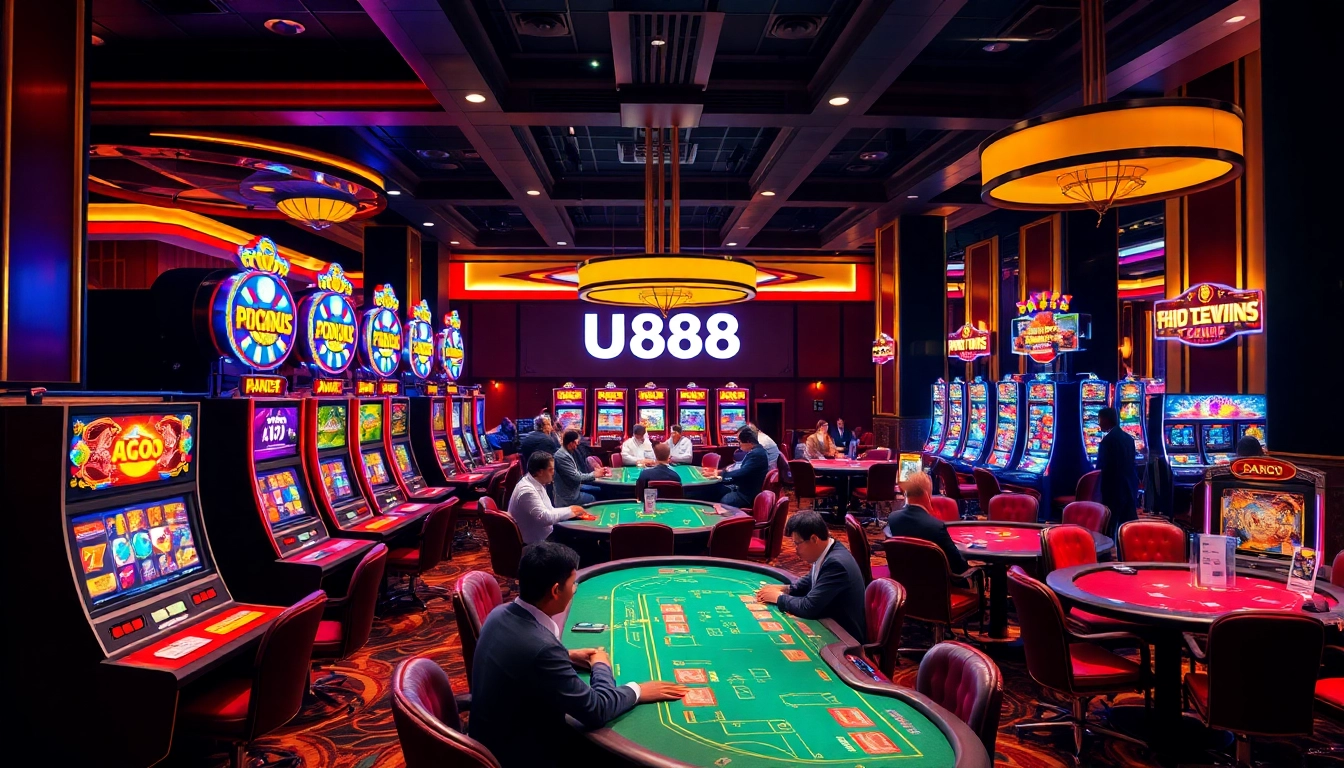 U888 showcases thrilling casino games with vibrant slot machines and engaging players.