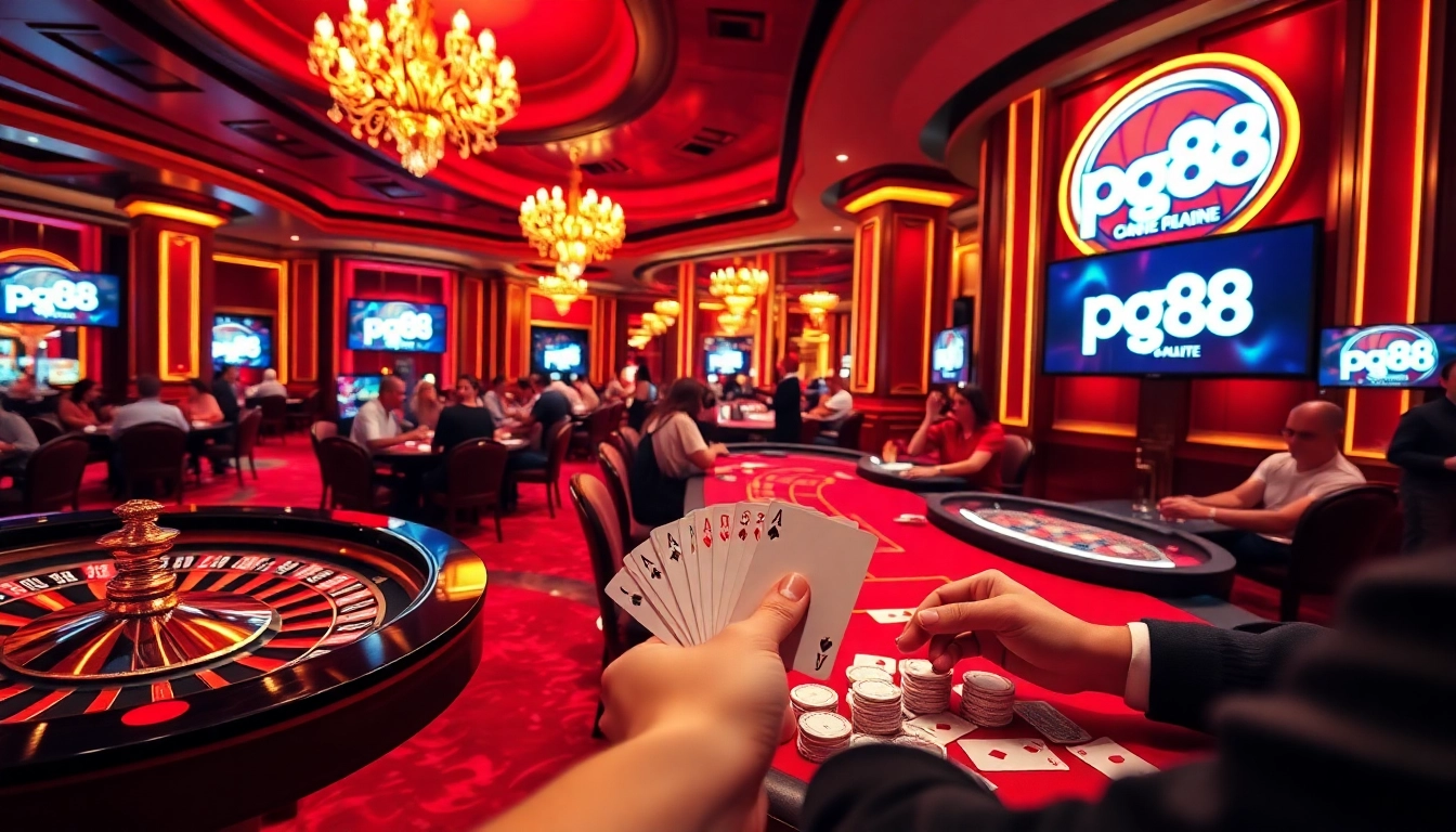 Players excitedly engage in various games at PG88 casino tables, showcasing vibrant poker chips and cards.