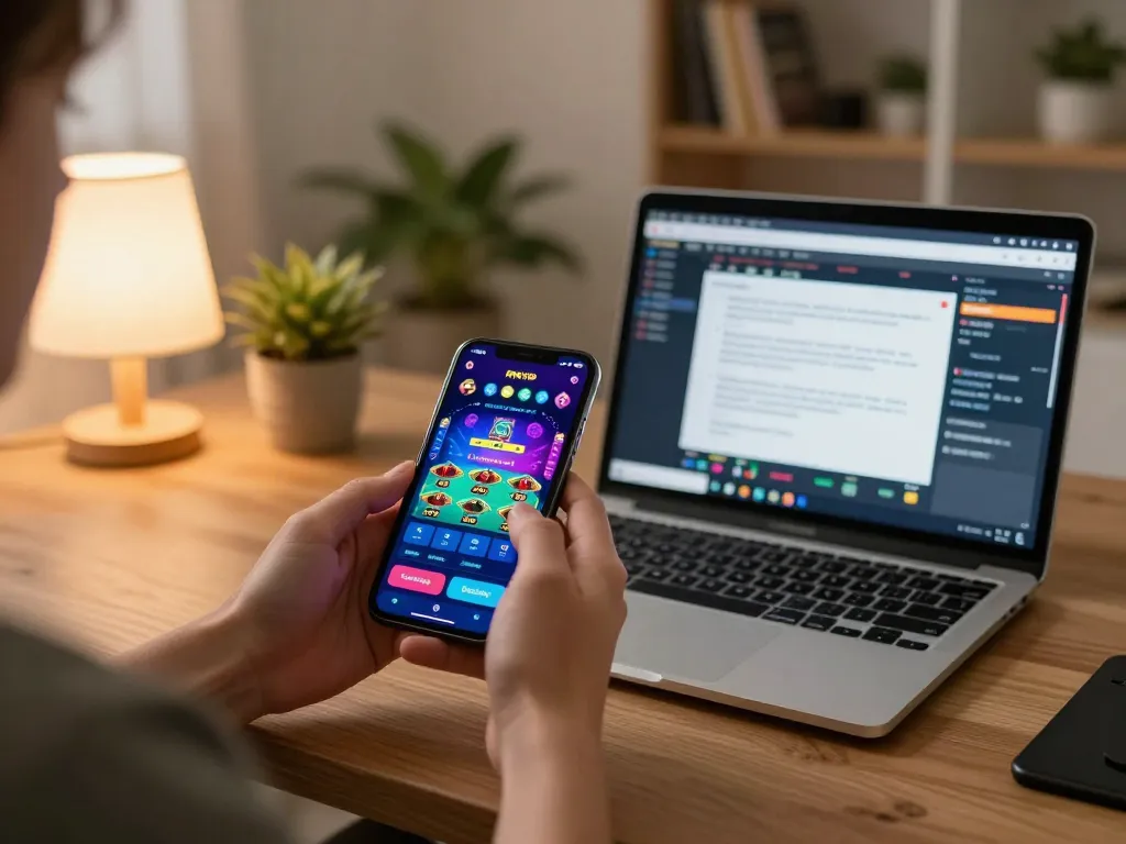 Player using RIKVIP app on smartphone in a cozy home environment, highlighting responsible gambling.