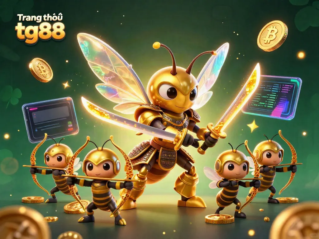 Experience the dynamic world of Trang chủ tg88 with a vibrant 3D scene featuring a giant samurai hornet and bee archers surrounded by crypto elements.