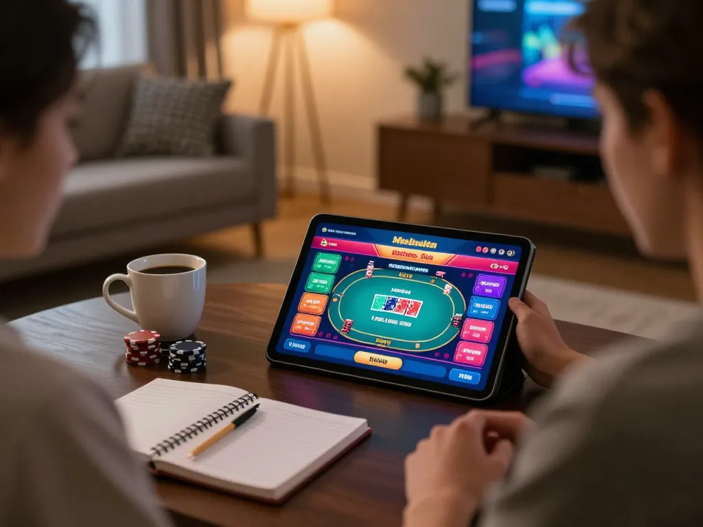 Player engaging in online gaming at RR88 wales, showcasing poker action on tablet.