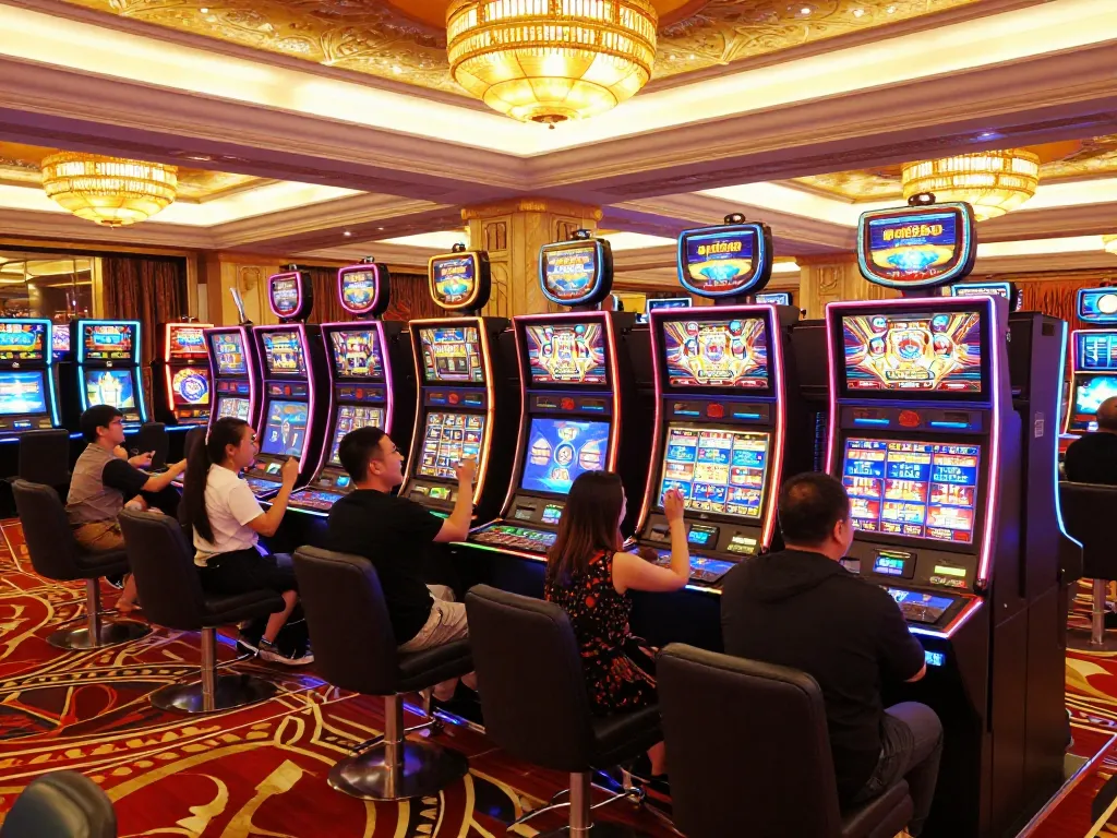 Players celebrating wins on vibrant slot machines at qh88go casino, showcasing excitement and engagement in gambling.