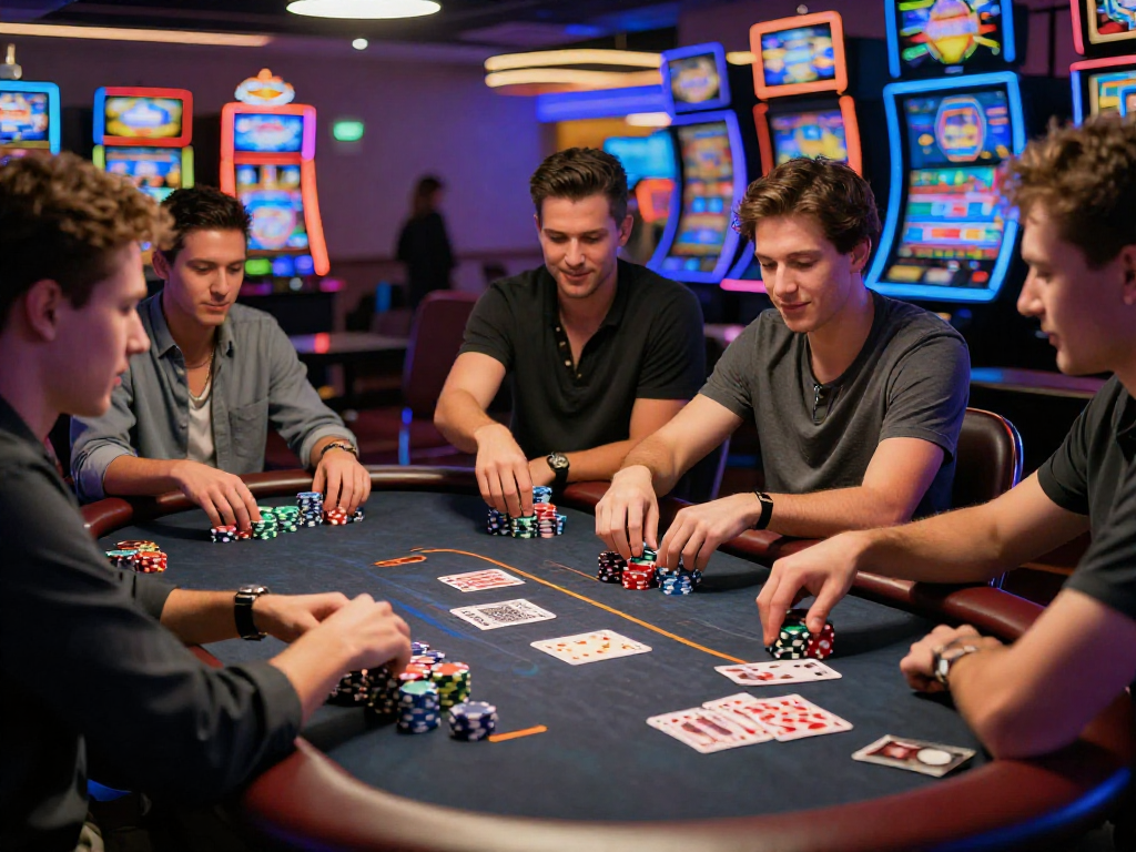 KOMBET168 poker game scene with friends showcasing vibrant casino atmosphere and excitement.