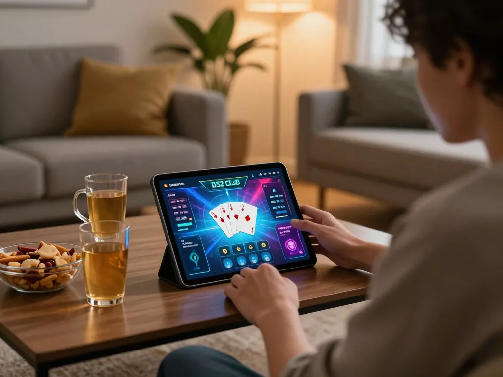 B52 Club player enjoying poker online at home, showcasing vibrant gaming interface and cozy atmosphere
