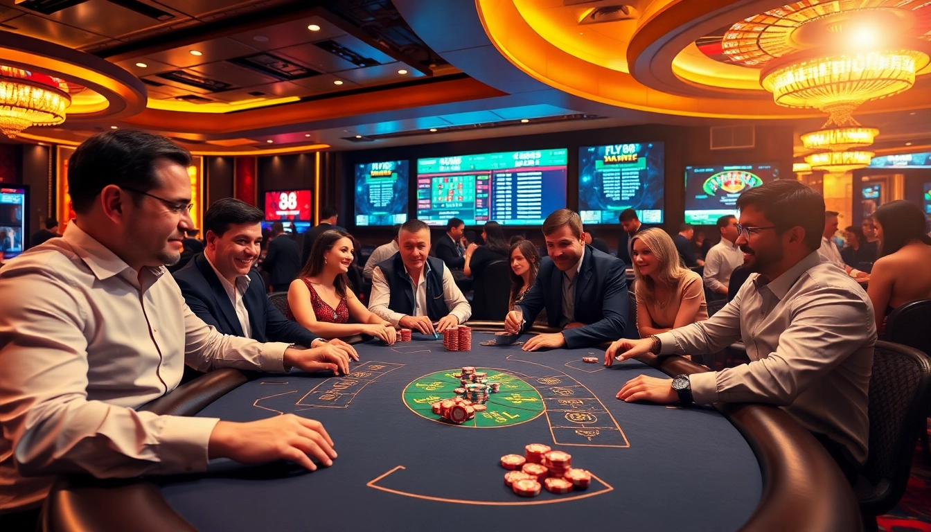 Experience the excitement of fly 88 at a luxurious casino with engaged players and vibrant tables.