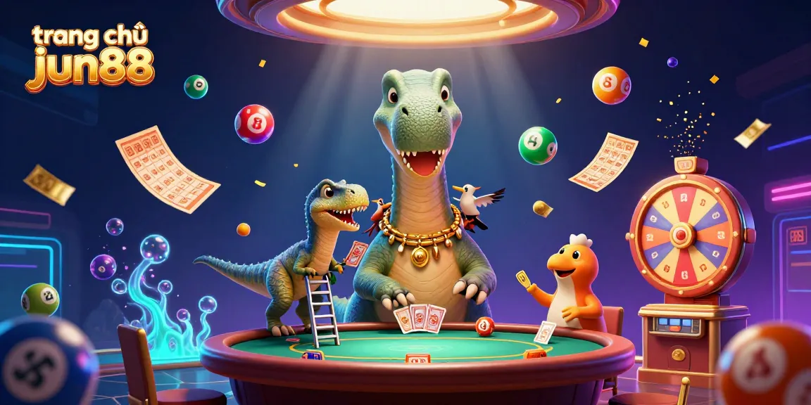 Engage with the vibrant scene featuring trang chủ jun88, where a giant brontosaurus oversees a lively casino atmosphere filled with lottery balls and golden tickets.