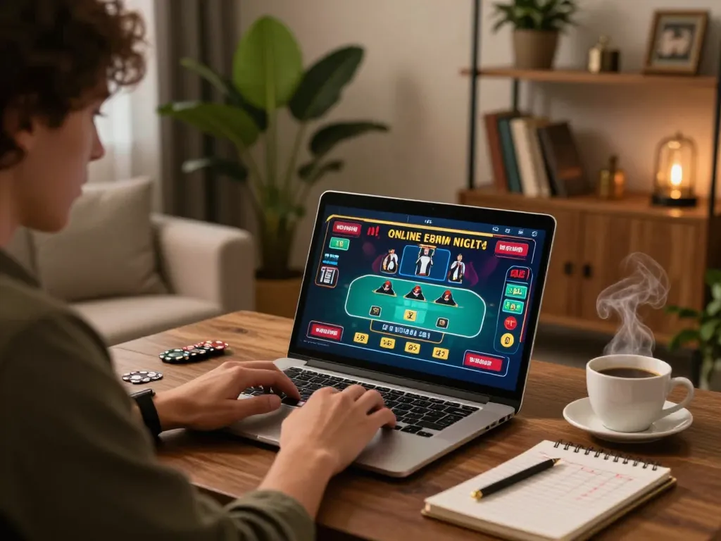 Engaging online gambling moment showcasing okfun user immersed in live dealer game on their laptop.