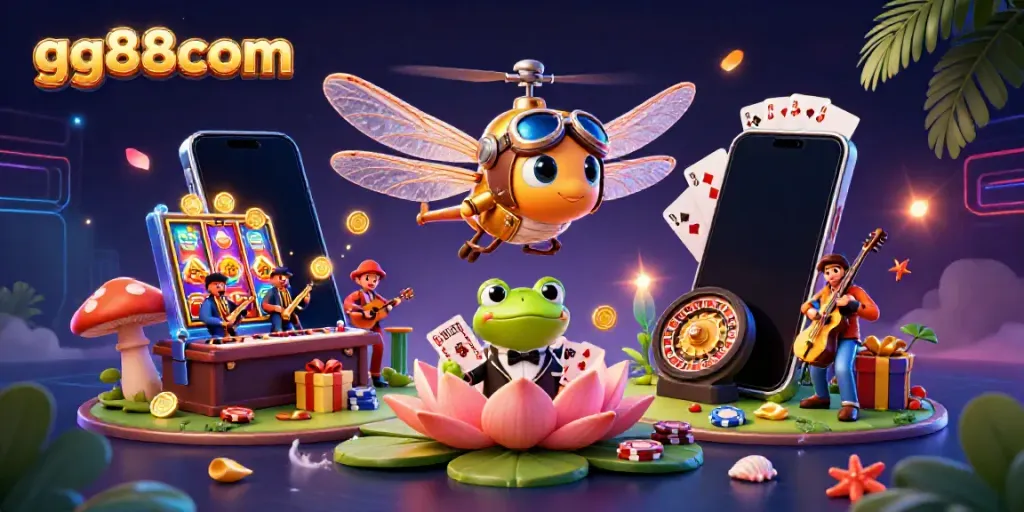 Experience exciting gaming action at gg88com's vibrant casino scene with dynamic characters and winning elements.