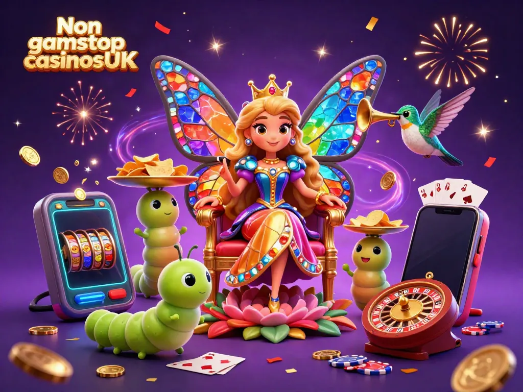 Engage with Non gamstop casinos UK in a whimsical 3D scene featuring vibrant casino elements and mystical characters.