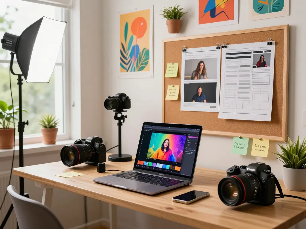 Content creator using Seedance AI in a vibrant home office, showcasing creative video production.