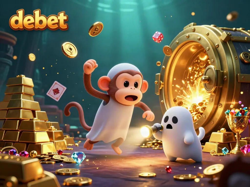 Experience debet gaming excitement with a playful poltergeist monkey juggling golden objects in a haunted casino.