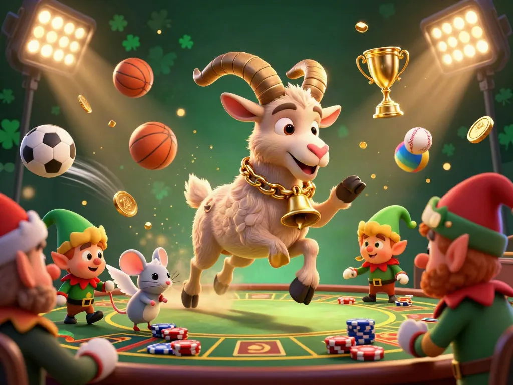 Experience thrilling action at jw88 casino with Krampus and playful characters amid sports elements.
