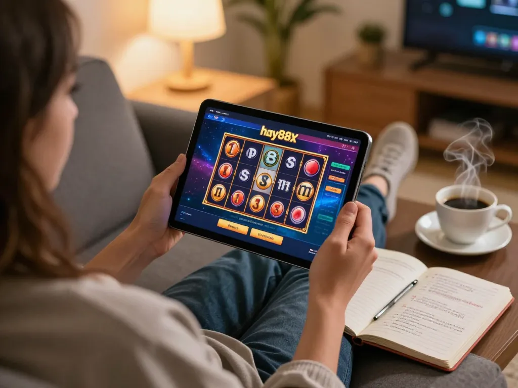 Player enjoying online gaming at home on hay88x with vibrant tablet display and cozy atmosphere