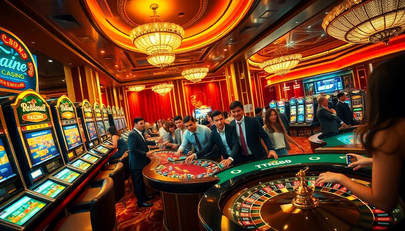 Experience the excitement of gambling at https://tr88.autos/ with vibrant casino scenes featuring slot machines and poker tables.