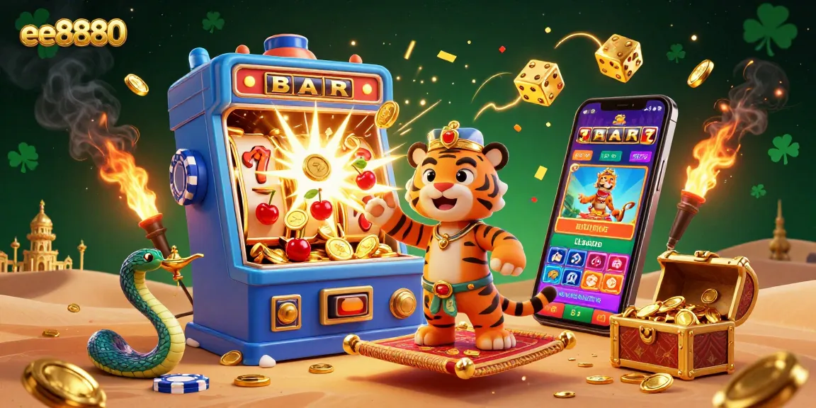 Experience the excitement of ee8880 with a vibrant, dynamic casino-themed scene filled with jackpots, games, and golden treasures.