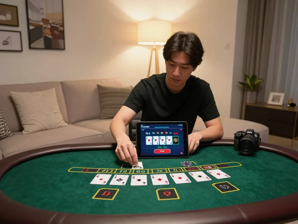 Player using kuwin1 for immersive live dealer blackjack online, showcasing strategic gameplay in a cozy home setting.