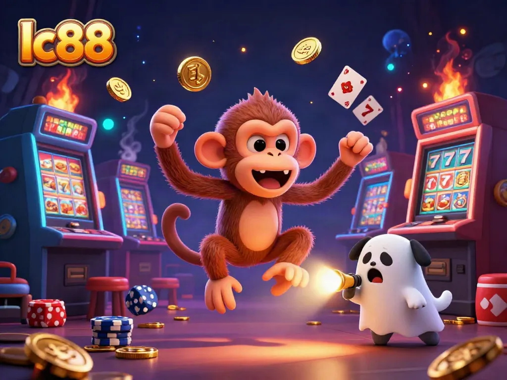Experience the excitement of lc88 with a playful poltergeist monkey juggling gold in a lively haunted casino scene.