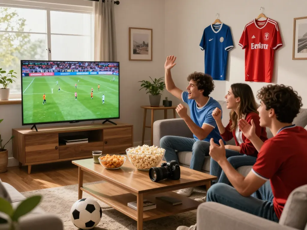 Friends enjoying ดูบอล live in a lively atmosphere with snacks and jerseys.