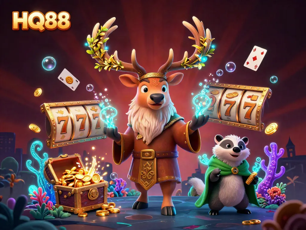 Experience thrilling moments with HQ88, enjoying slots and casino games in a captivating illustrated scene.