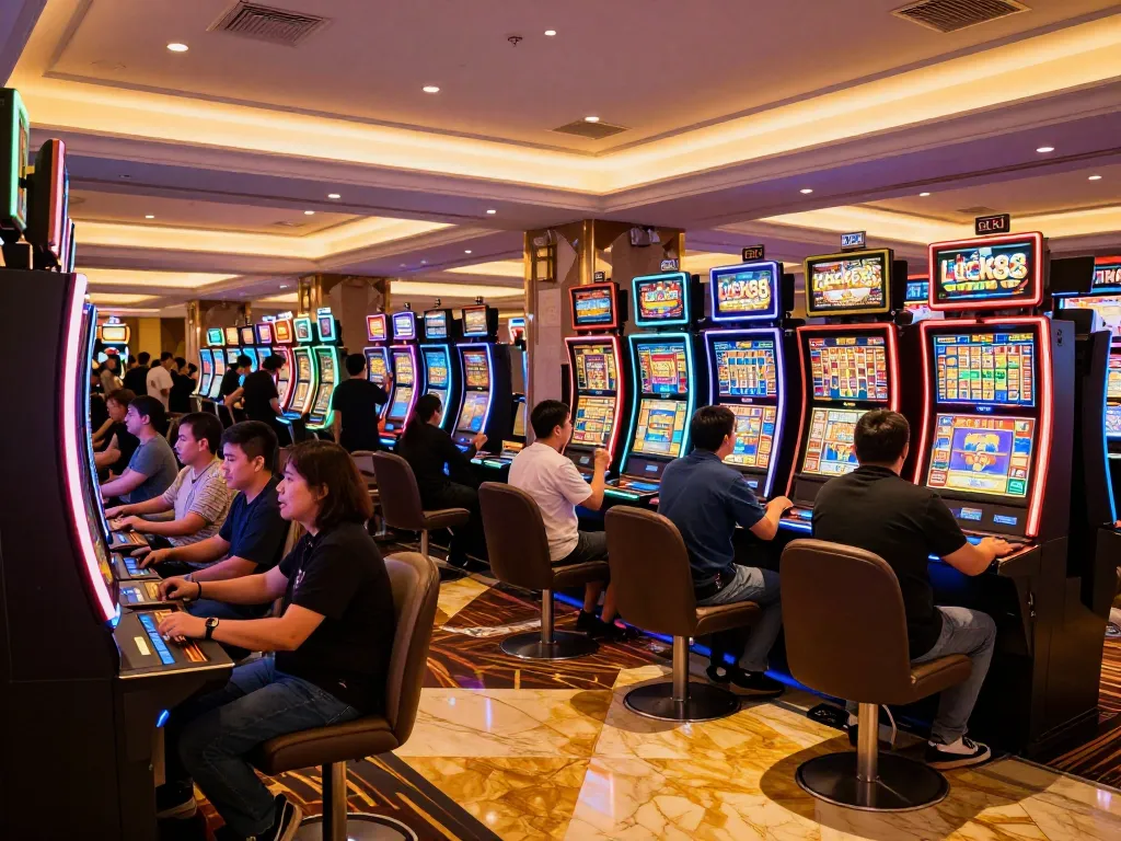 Players celebrating wins on the Lucky88 slot machine in a vibrant casino atmosphere